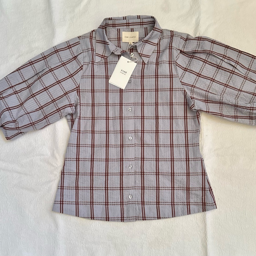 NWT Women’s Esme Studios Checkered Blouse S  - Gray and Brown Checkered